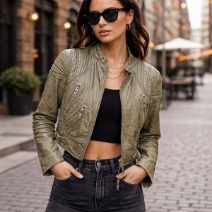 Topshop Unique 100% Real Leather Moto Jacket Olive Green Cropped Biker Zip Up